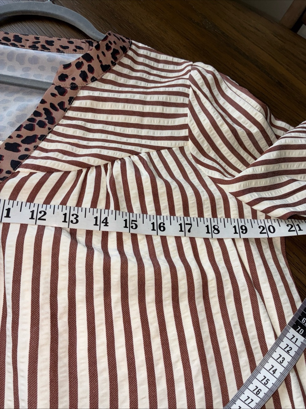 Striped Brown and White Button-Front Women’s Dress with Leopard Trim - Picture 6 of 8